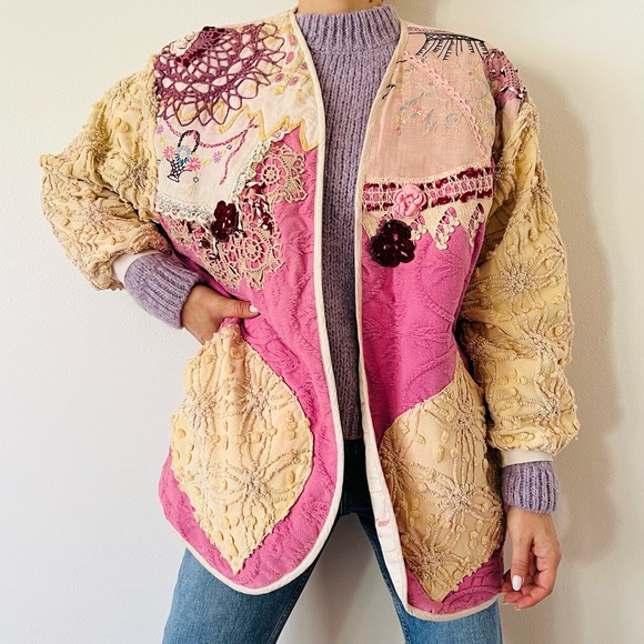 Vintage Patchwork Jacket coat cardigan crochet boho Embroidered oversized - Picture 3 of 11